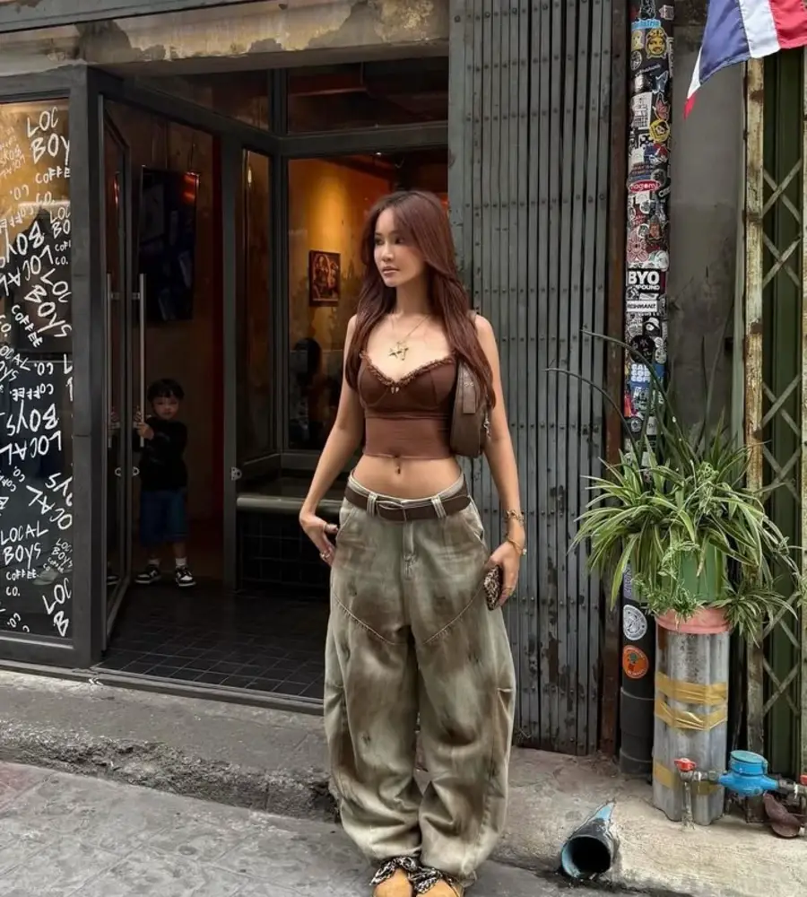 Brown Lace Trim Crop Cami with Washed Olive Baggy Jeans and Chain Slide Sandals