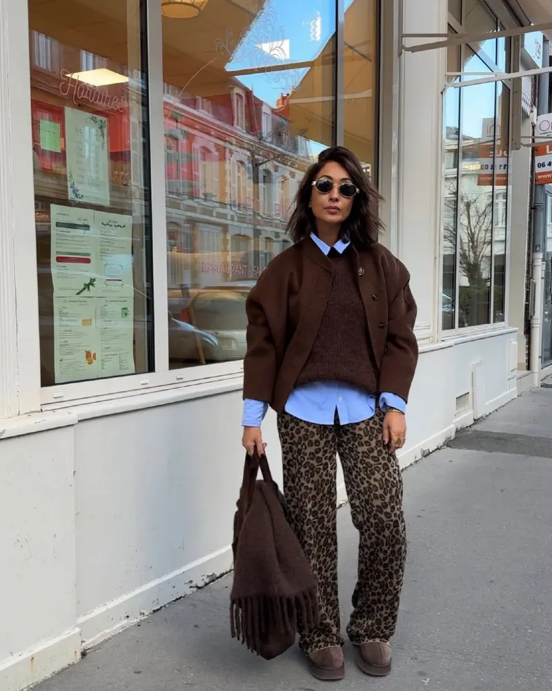 Brown Layered Knit with Leopard Print Pants and UGGs