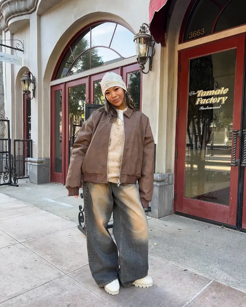 Brown Leather Bomber, Acid Jeans, and a Floral Beanie