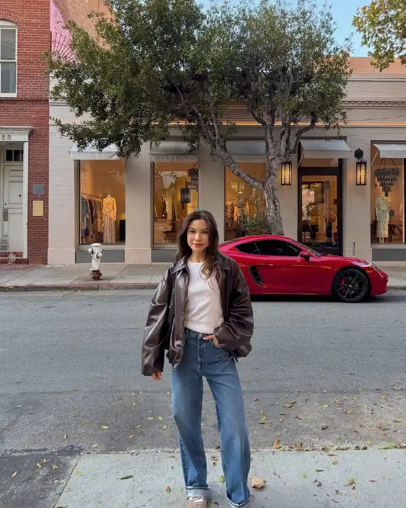 Brown Leather Jacket + Mid-Wash Wide-Leg Jeans
