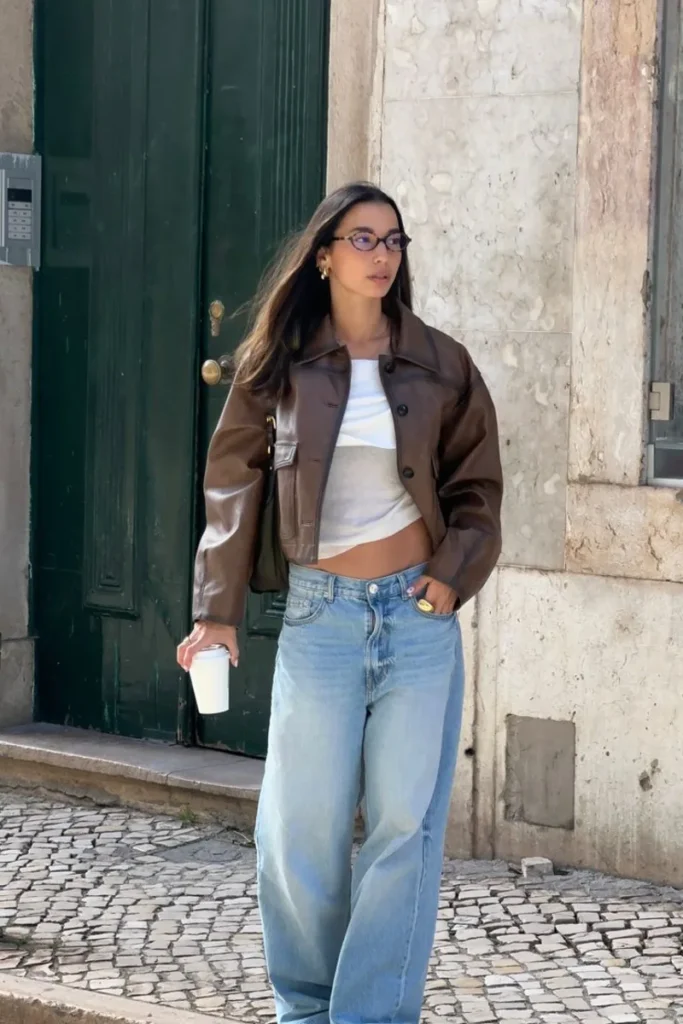  Brown Leather + Wide Jeans Combo 