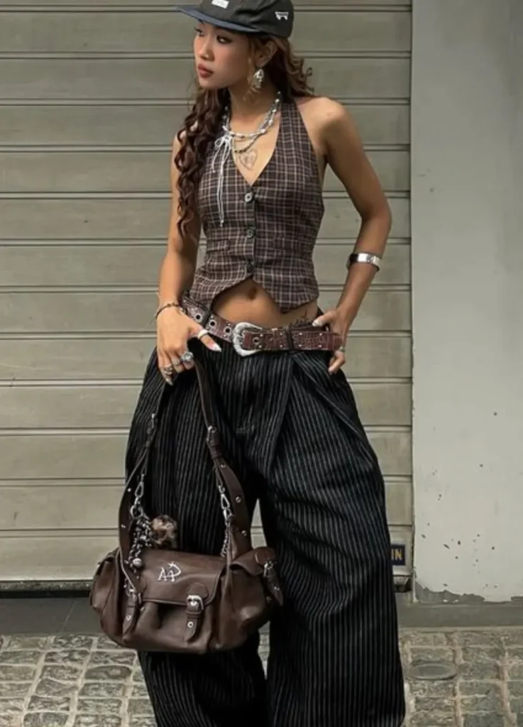  Brown Plaid Halter Vest with Black Pinstripe Baggy Trousers and Western Belt
