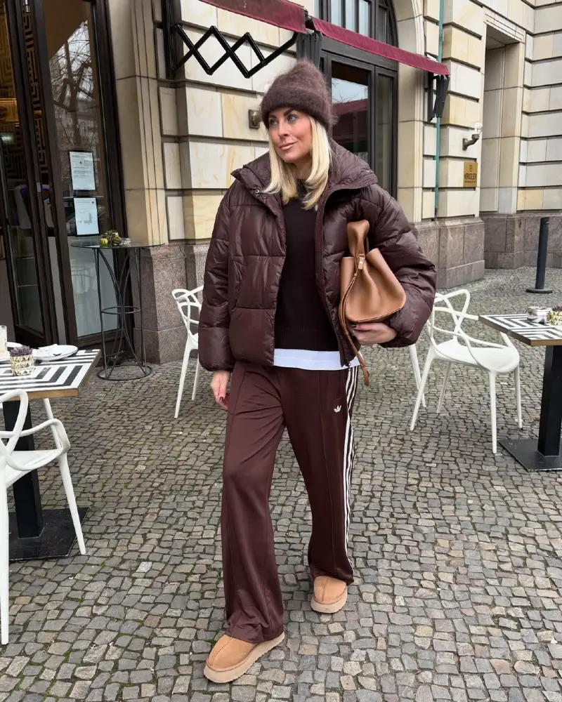 Brown Puffer, Adidas Track Pants