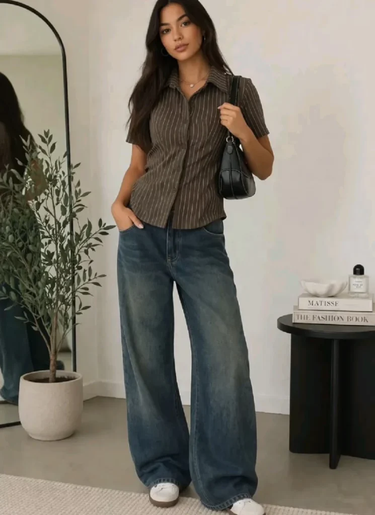  Brown Stripe Short Sleeve Shirt + Dark Wide-Leg Jeans 