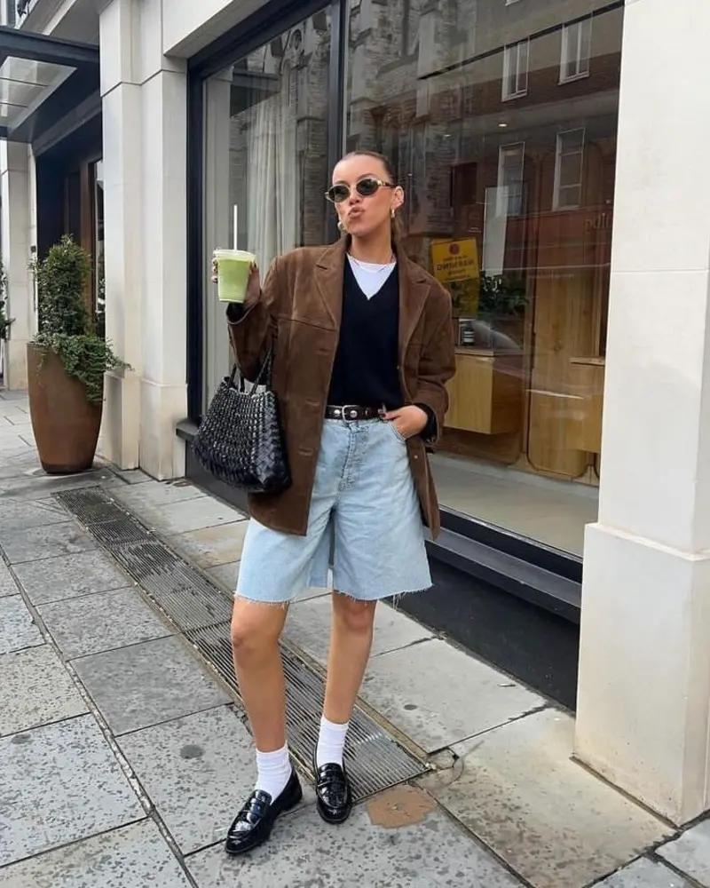 Brown Suede Blazer + Black V-Neck + Light Denim Bermuda Shorts