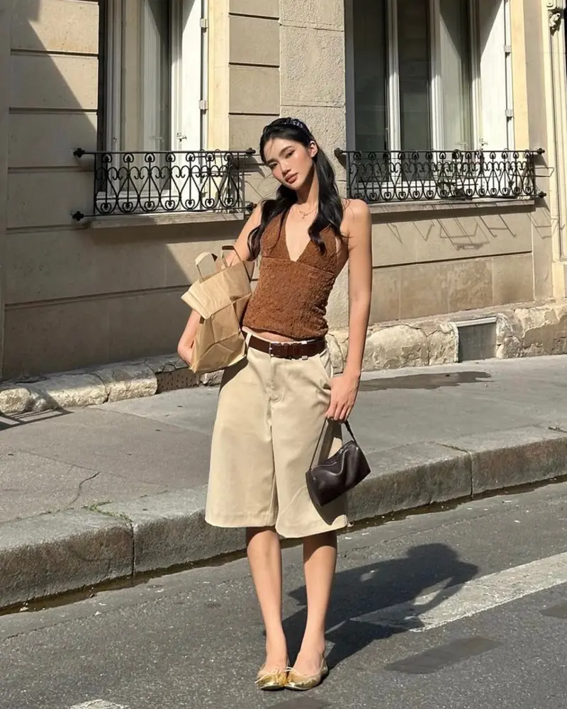 Brown Textured Halter Top + Beige Wide Bermuda Shorts + Gold Flats