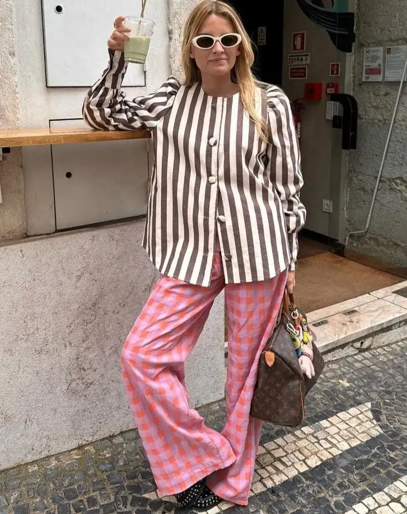 Brown & White Stripe Jacket + Pink Gingham Wide-Leg Trousers