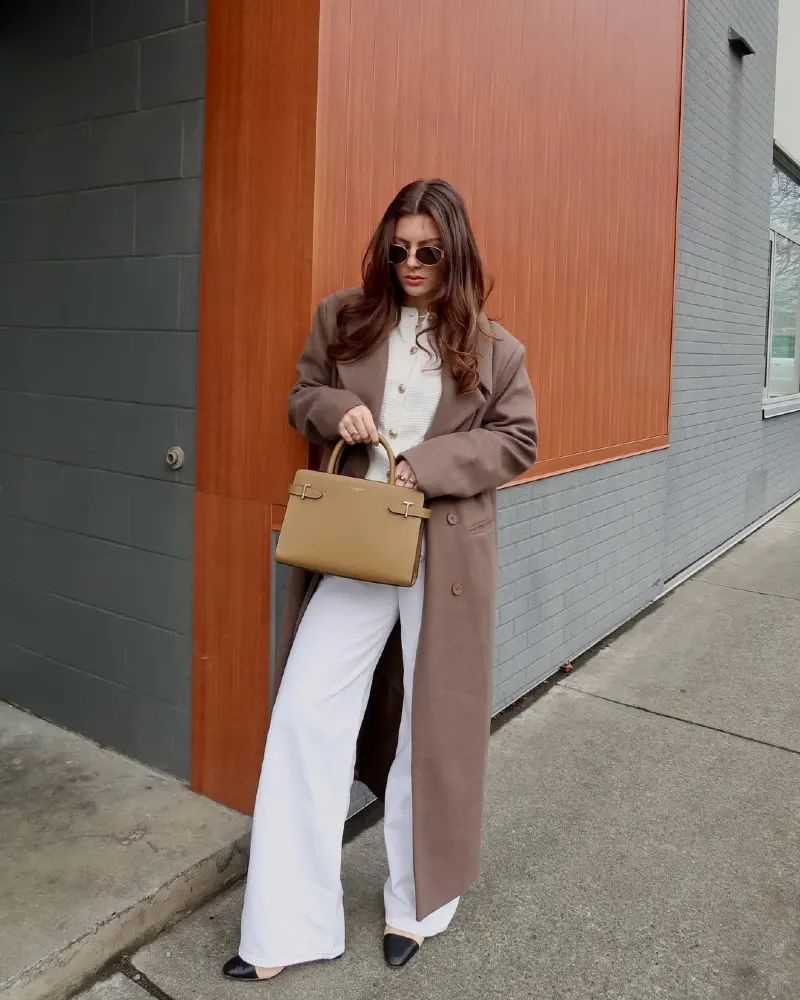 Brown Wool Coat and White Trousers