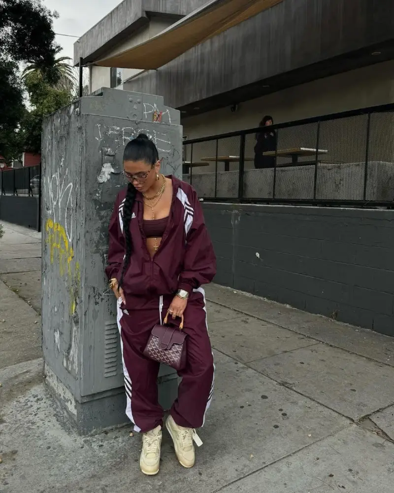 Burgundy Adidas Tracksuit + Cropped Sports Bra + Goyard Bag