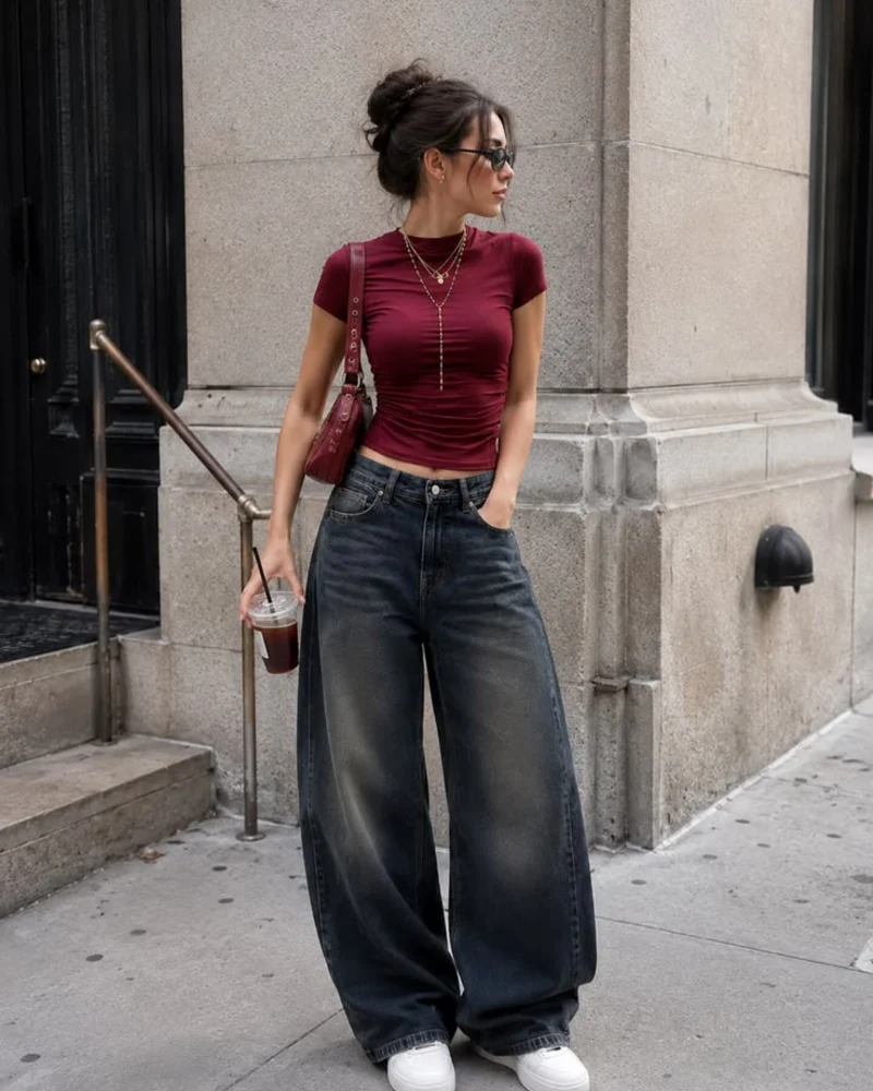 Burgundy Crop Tee + Baggy Dark Jeans