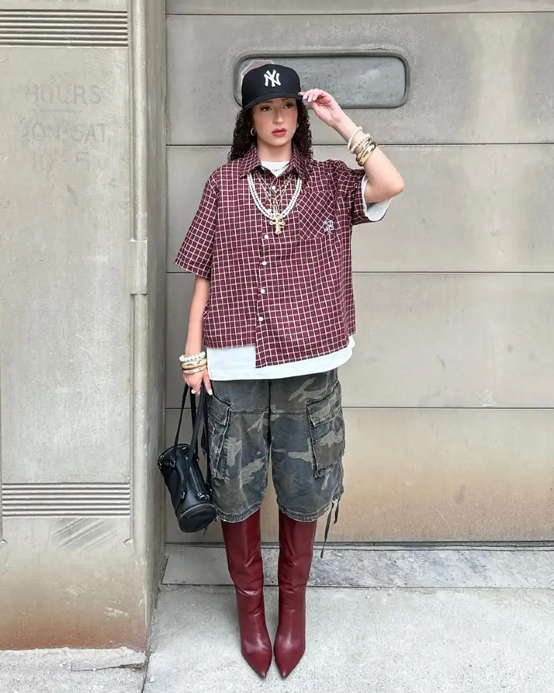 Burgundy Grid-Check Shirt + White Tee + Camo Cargo Shorts + Burgundy Knee Boots
