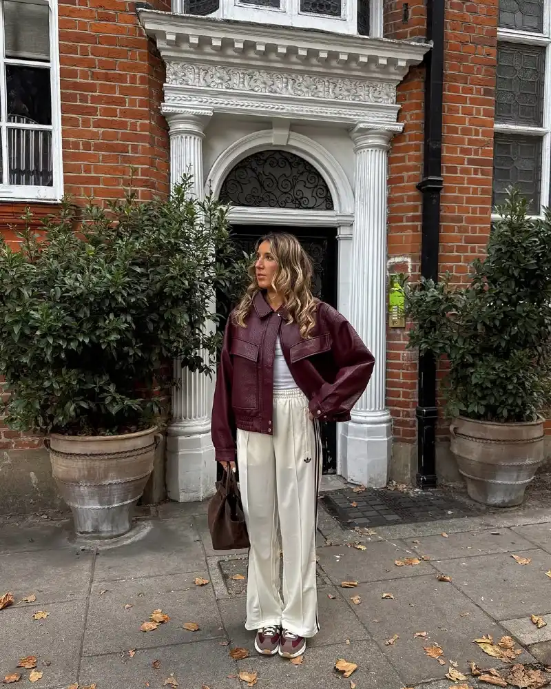 Burgundy Leather Jacket with Track Pants