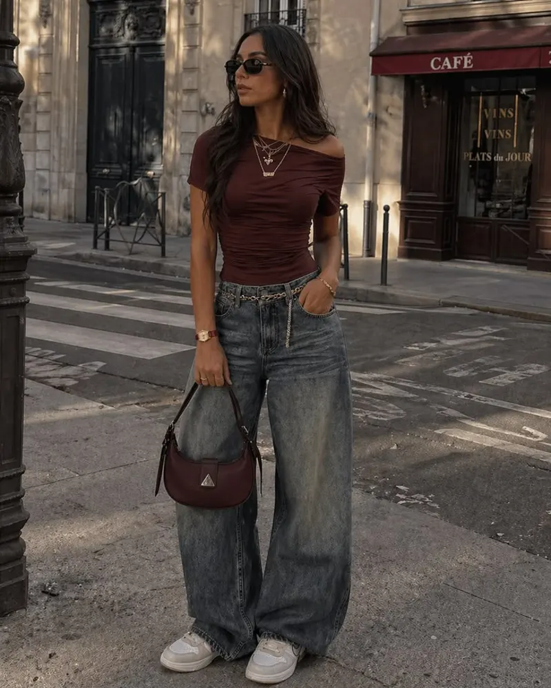 Burgundy Off-Shoulder Ruched Top with Wide Leg Acid Wash Jeans