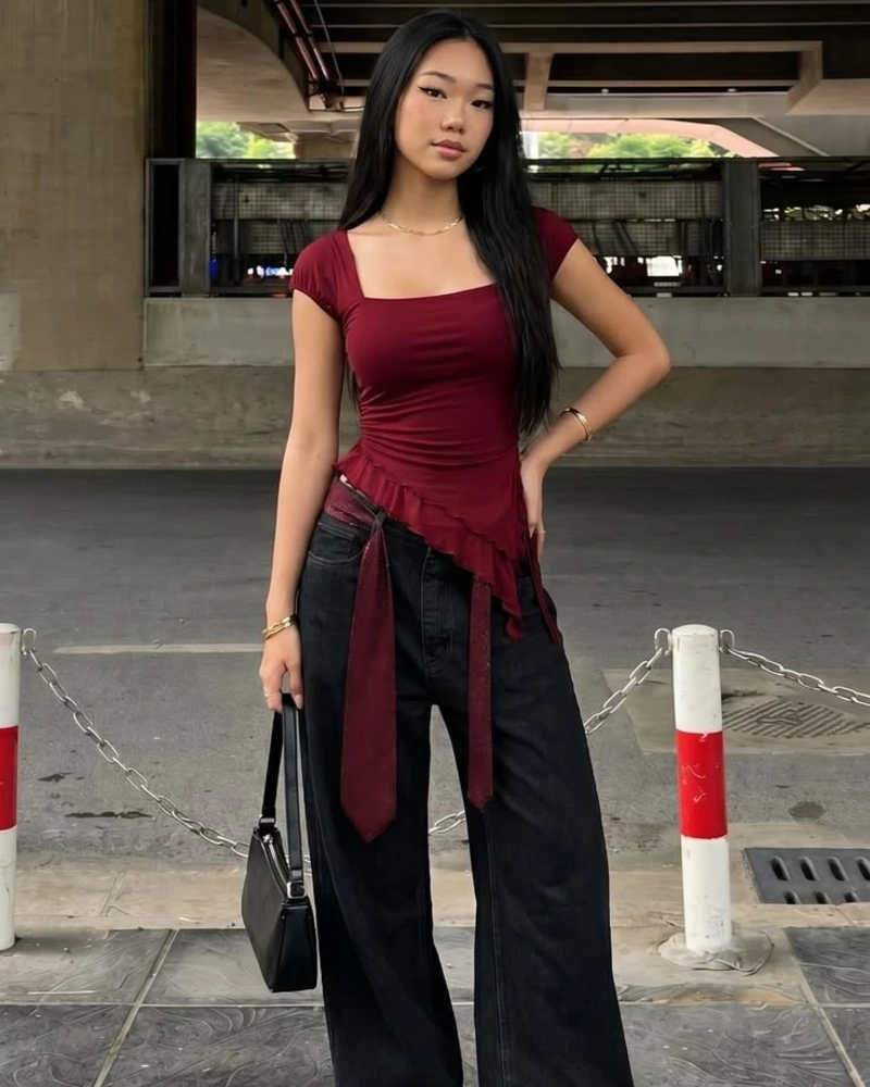 Burgundy Ruffle Top + Dark Wide-Leg Jeans