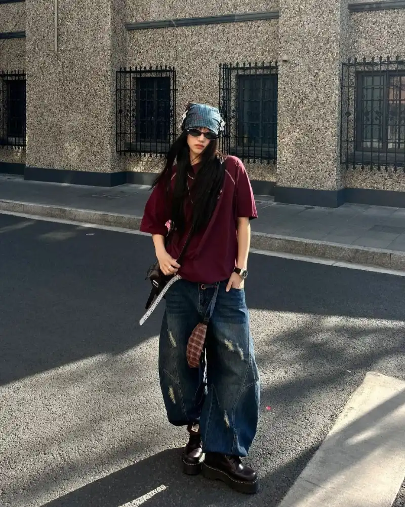 Burgundy Tee + Distressed Baggy Denim + Doc Martens