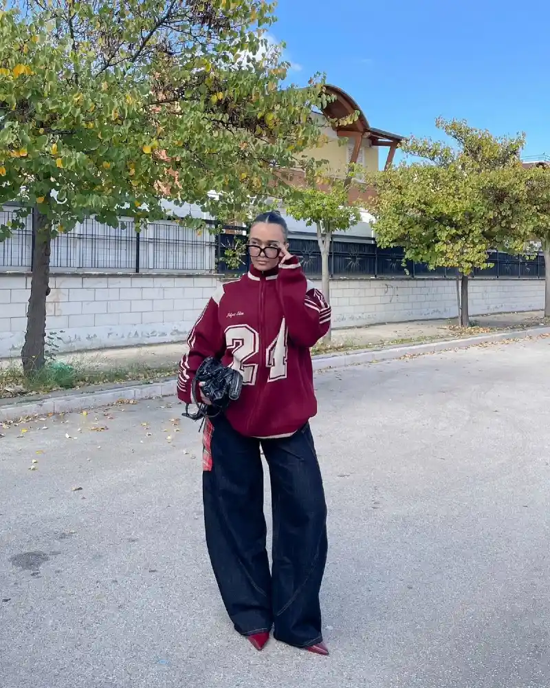 Burgundy Varsity Sweatshirt With Dark Wide-Leg Jeans