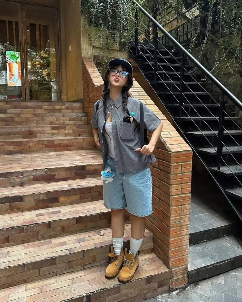  Button-Up Layered Over Tank with Light Denim Shorts