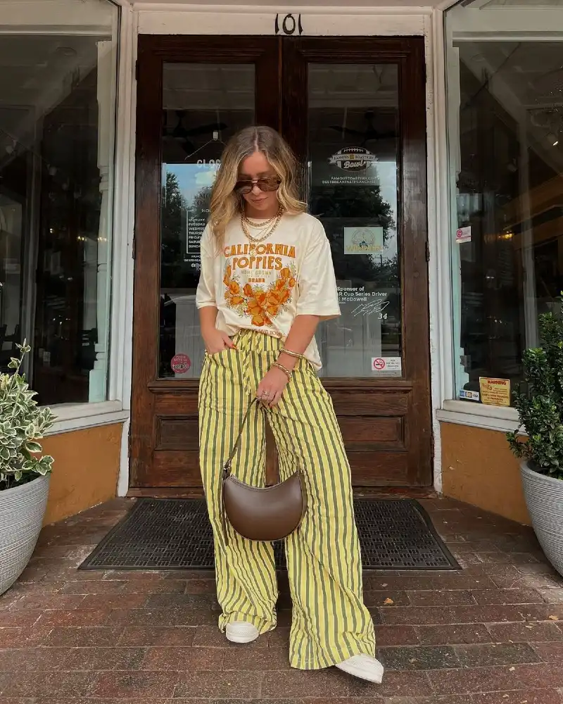 California Poppies Graphic Tee + Yellow-Green Stripe Wide-Leg Pants