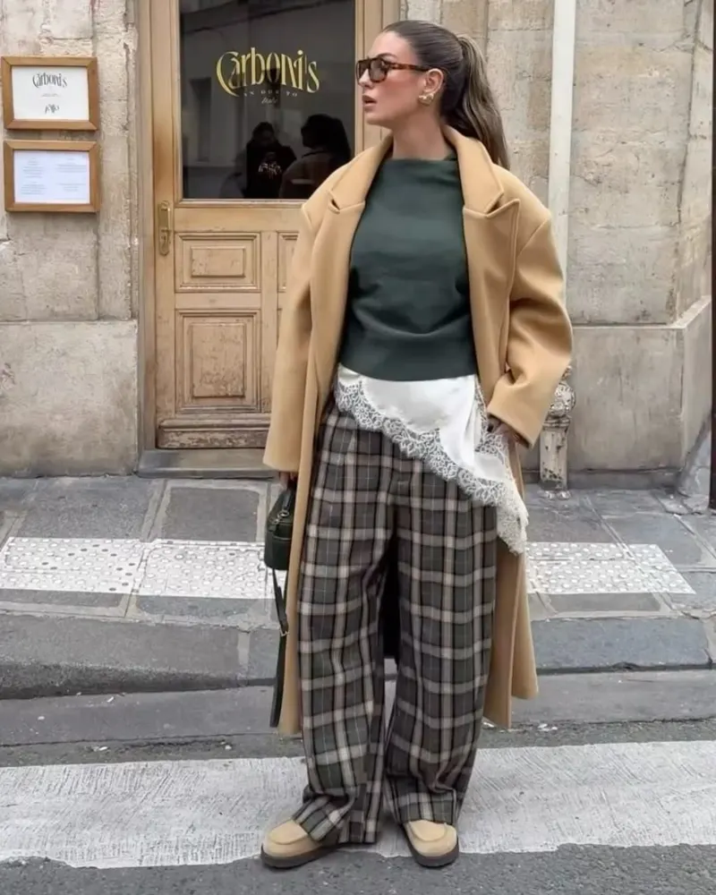 Camel Coat, Green Plaid Trousers and a Lace Hem Detail