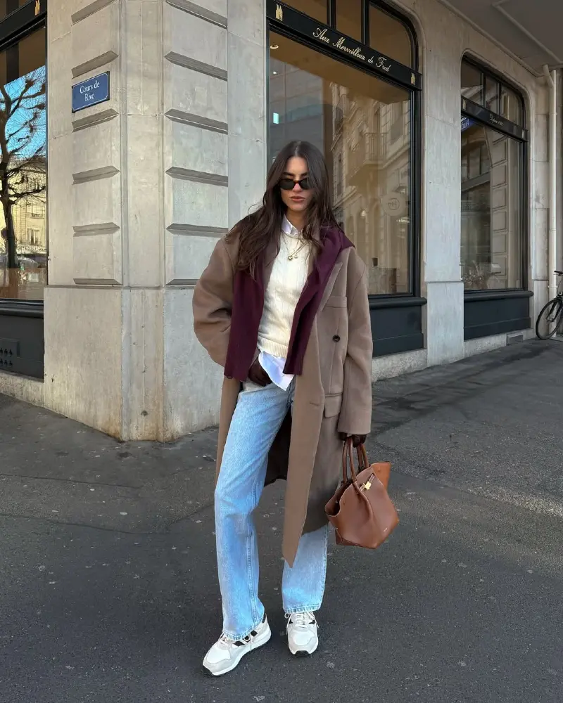 Camel Coat Over a Burgundy Hoodie Over a Cream Knit