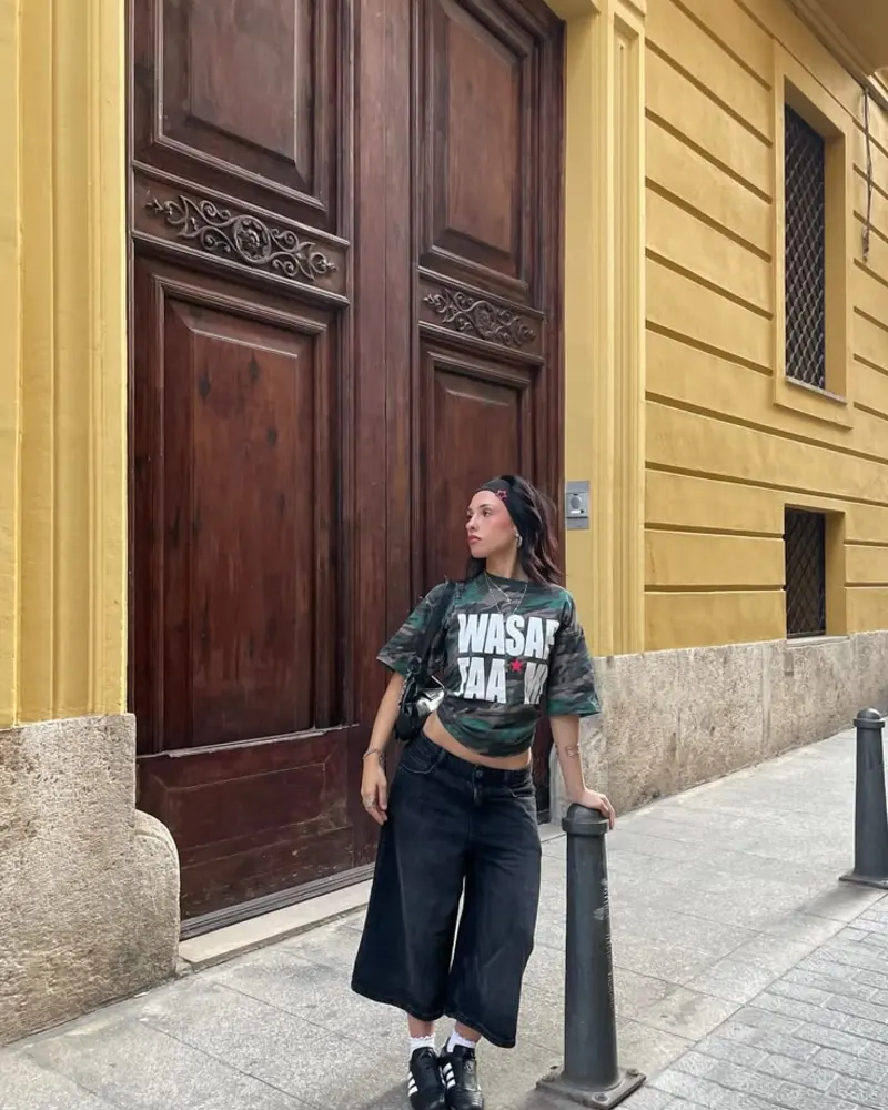 Camo Graphic Crop Tee with Black Wide Denim