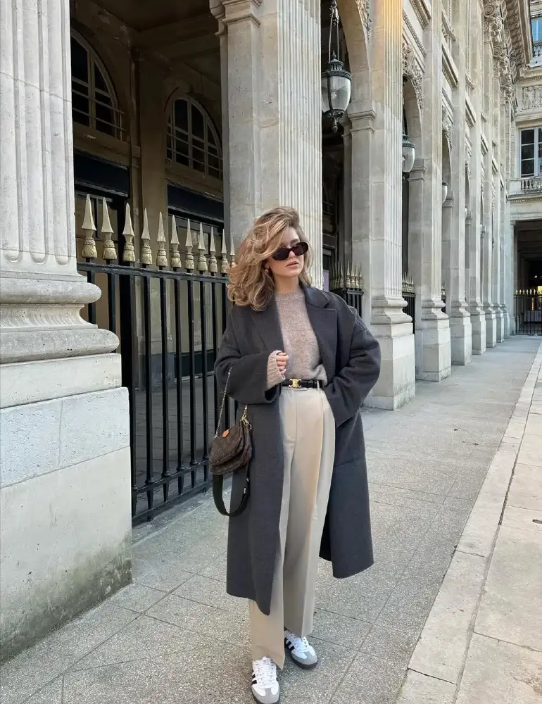 Charcoal Wool Coat Over Dusty Rose Knit and Sand Trousers
