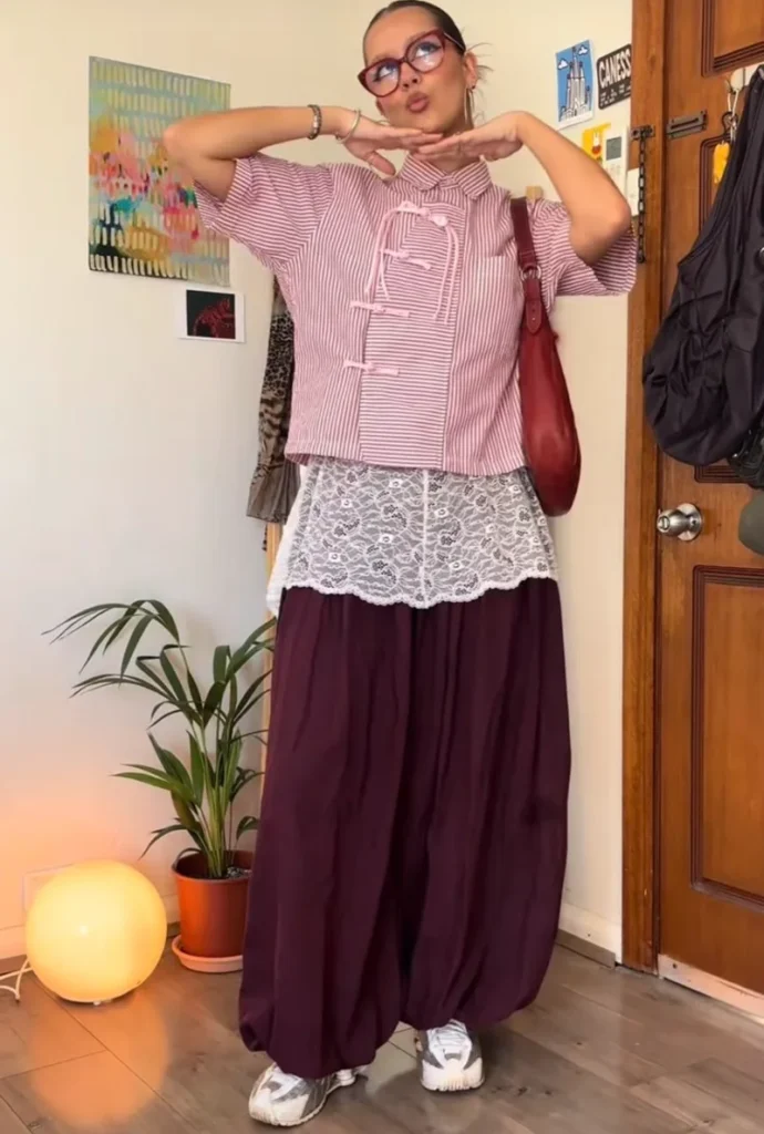 Chinese-Style Stripe Top + Lace Layer + Plum Balloon Skirt 