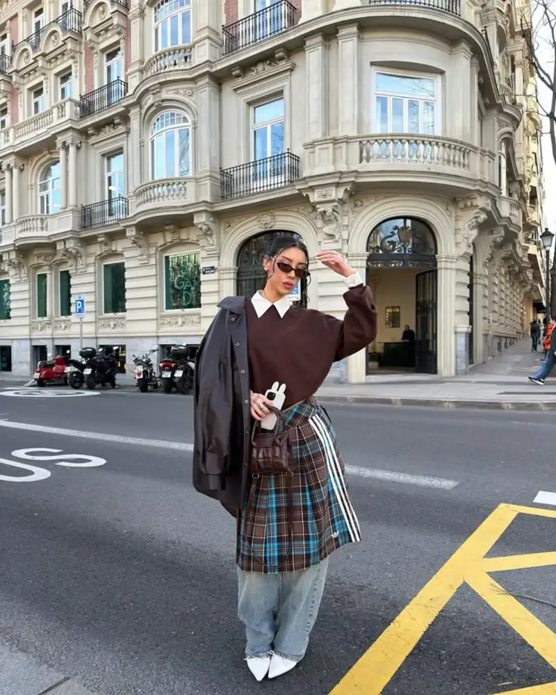Chocolate Brown Sweatshirt + Plaid Mini Skirt Over Jeans