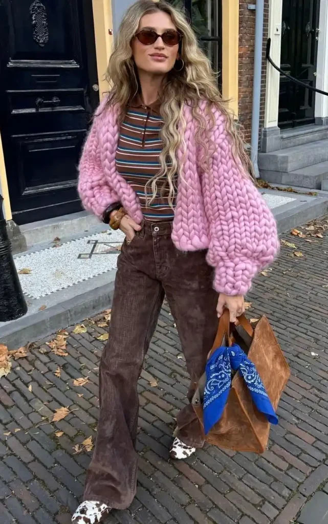  Chunky Pink Knit Cardigan Over Brown Striped Polo