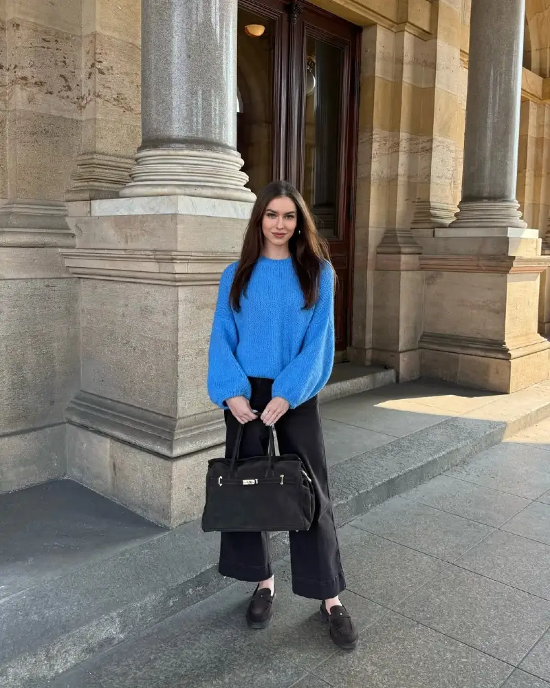 Cobalt Blue Chunky Knit + Black Wide-Leg Trousers