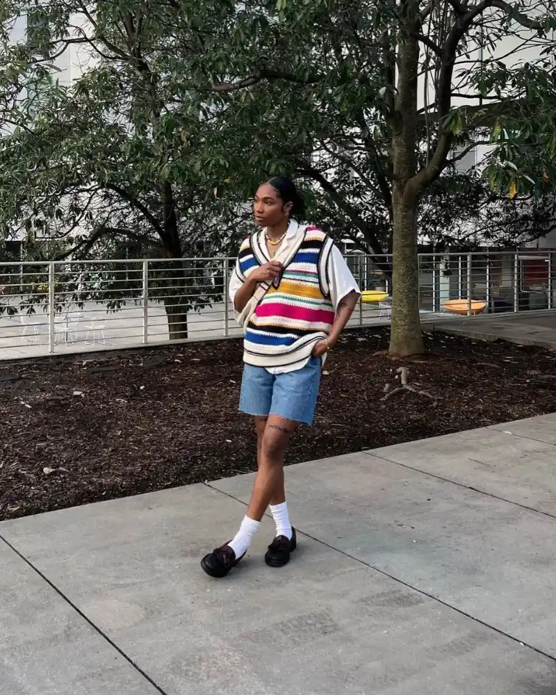  Colorful Striped Knit Vest + White Tee + Light Denim Bermuda Shorts