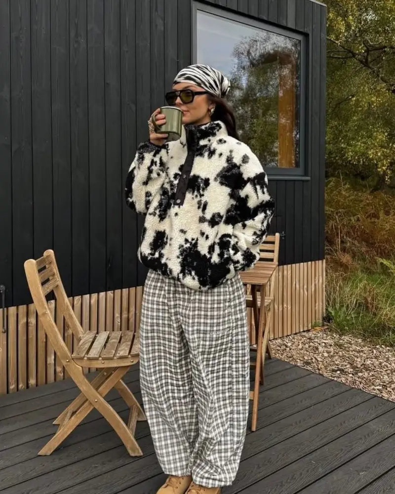 Cow-Print Sherpa Fleece With Grey Plaid Wide-Leg Trousers