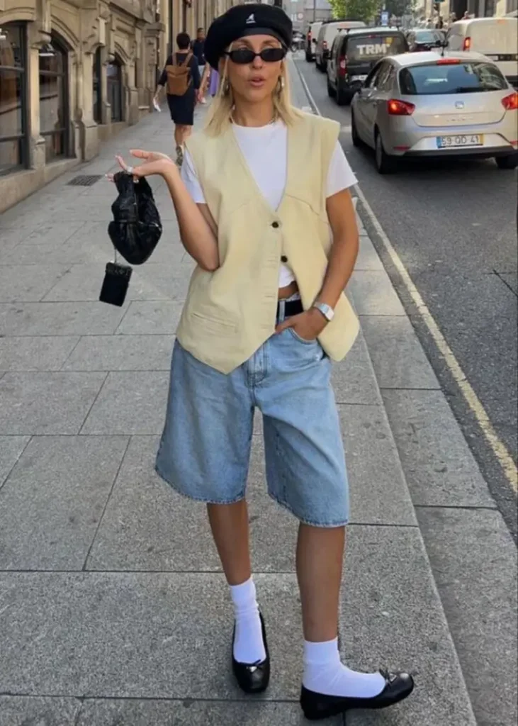 Cream Blazer Vest + White Tee + Light Denim Bermuda Shorts