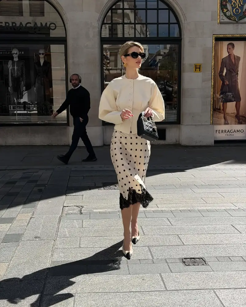 Cream Cardigan + Polka Dot Lace-Hem Midi Skirt