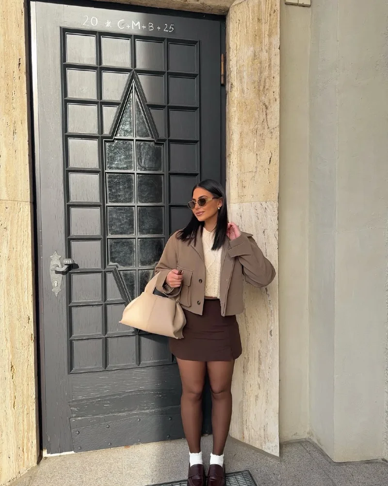 Cream Knit + Brown Mini Skirt + Taupe Jacket All-Brown Tonal Layers