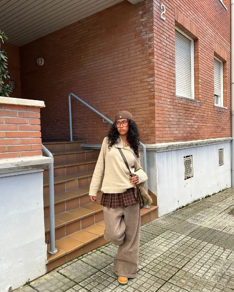 Cream Knit, Plaid Mini and Wide-Leg Trousers