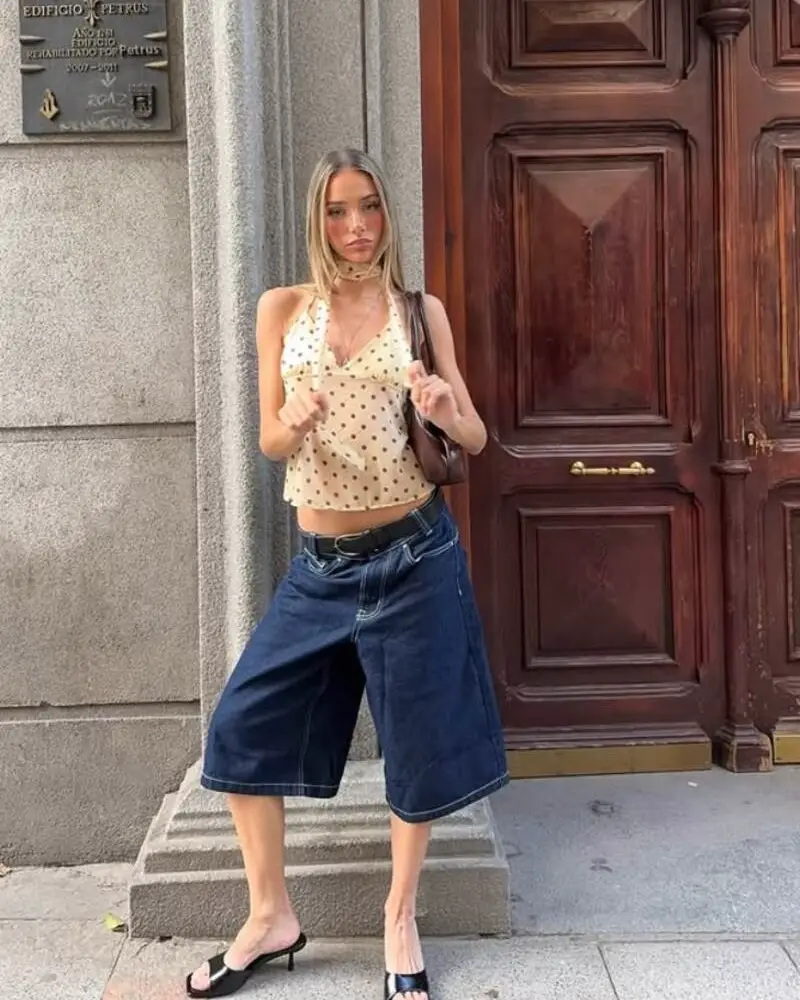 Cream Polka Dot Halter Top + Dark Indigo Denim Culottes + Black Heeled Mules