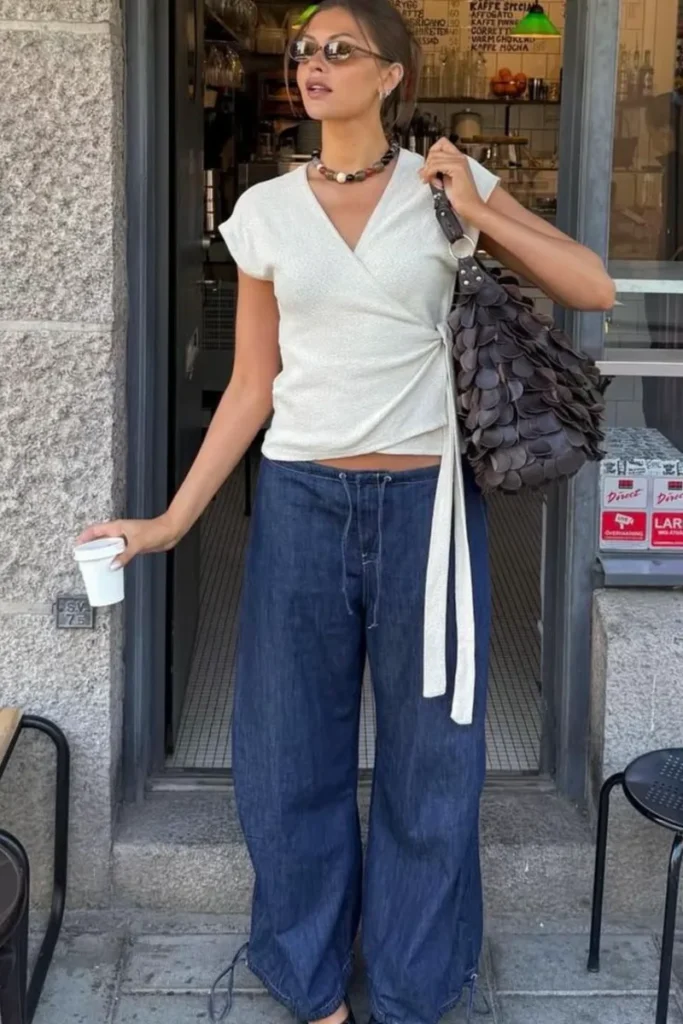 Cream Wrap Top + Dark Drawstring Wide-Leg Jeans 