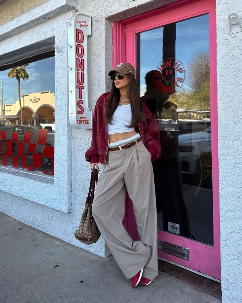 Crop Top + Burgundy Jacket + Wide Trousers