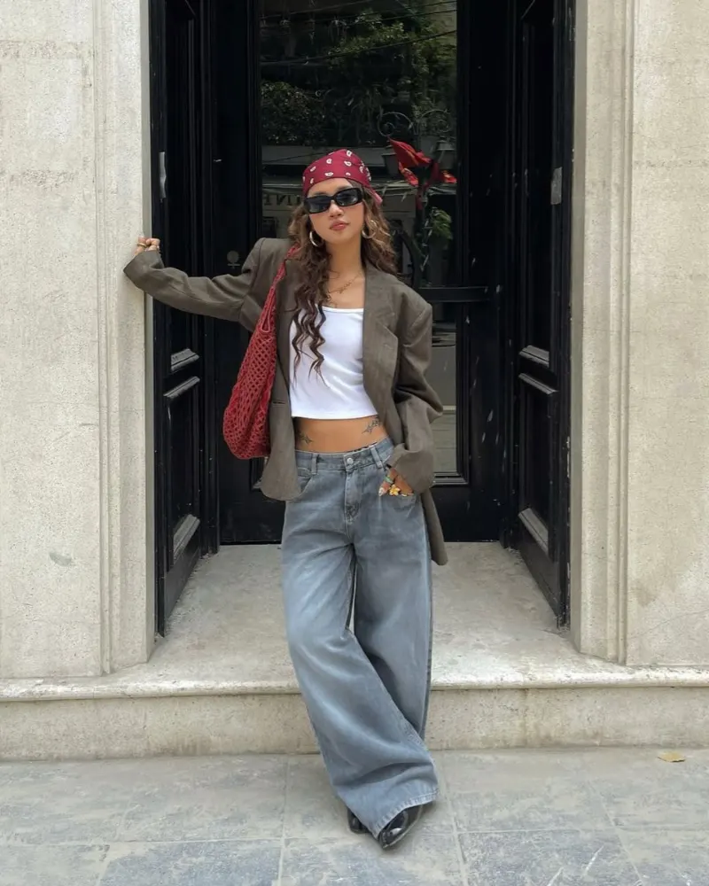 Crop Top + Oversized Blazer + Wide-Leg Jeans + Bandana