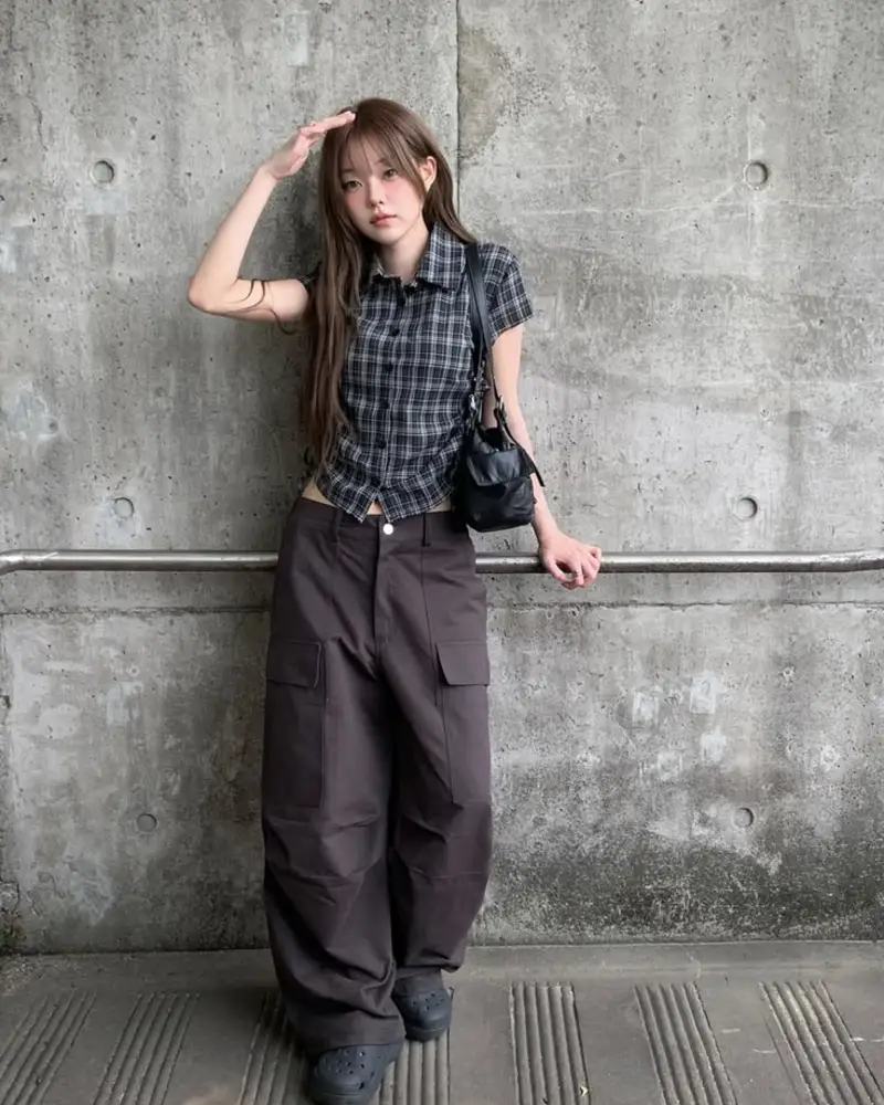  Cropped Plaid Shirt, Brown Cargos, Black Crocs