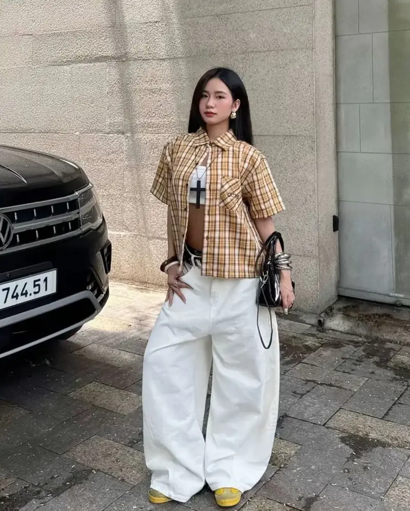 Cropped Plaid Shirt + White Wide Leg Pants
