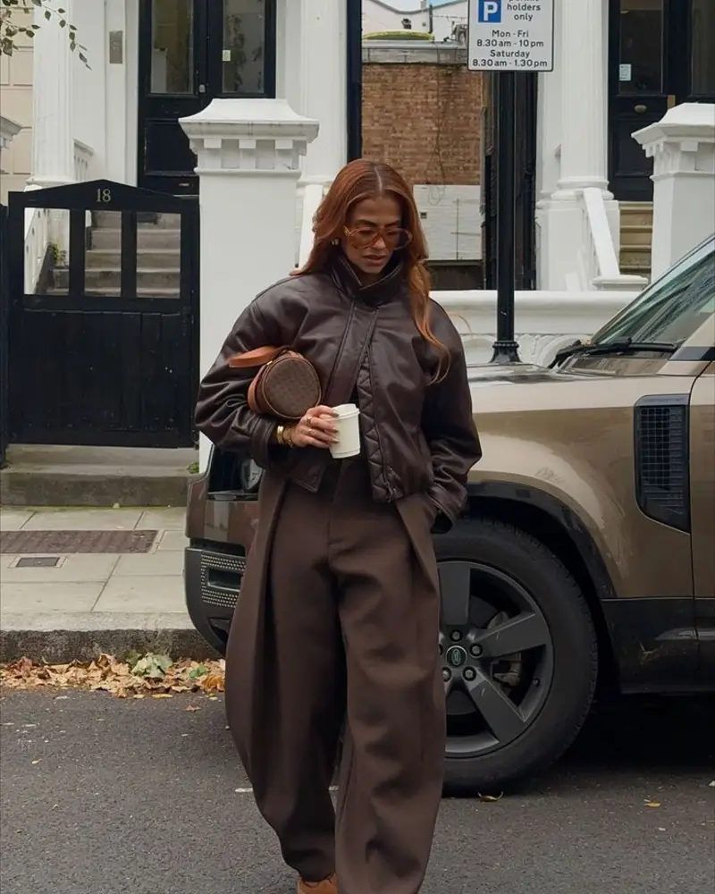 Dark Chocolate Leather Bomber and Mocha Trousers — Full Brown