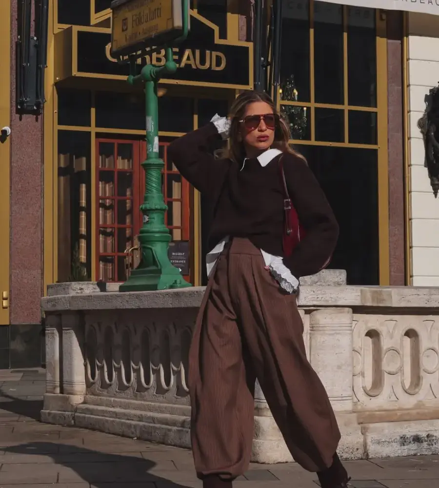 Dark Chocolate Sweater with Pinstripe Wide-Leg Trousers and Dark Brown Heeled Boots