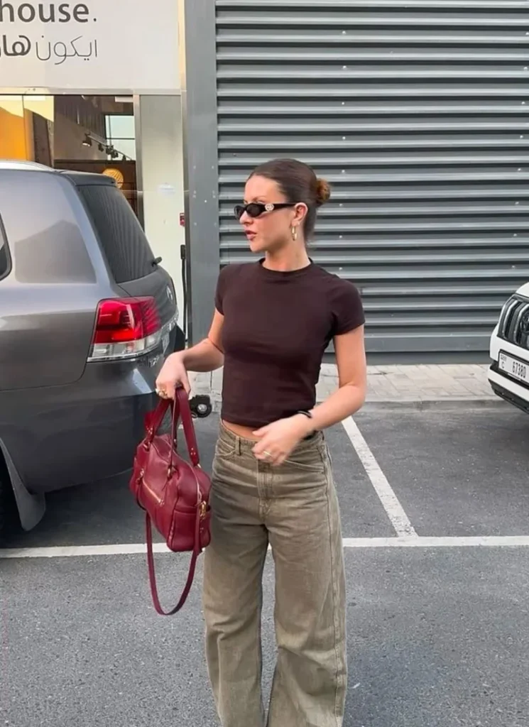 Dark Chocolate Tee + Washed Khaki Jeans