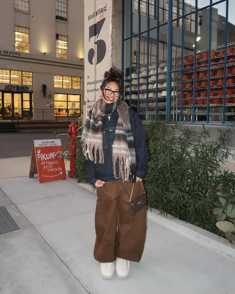 Dark Denim Jacket, Brown Cargo Trousers and the Biggest Scarf