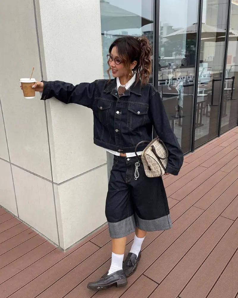 Dark Denim Jacket with Bermuda Shorts and Loafers