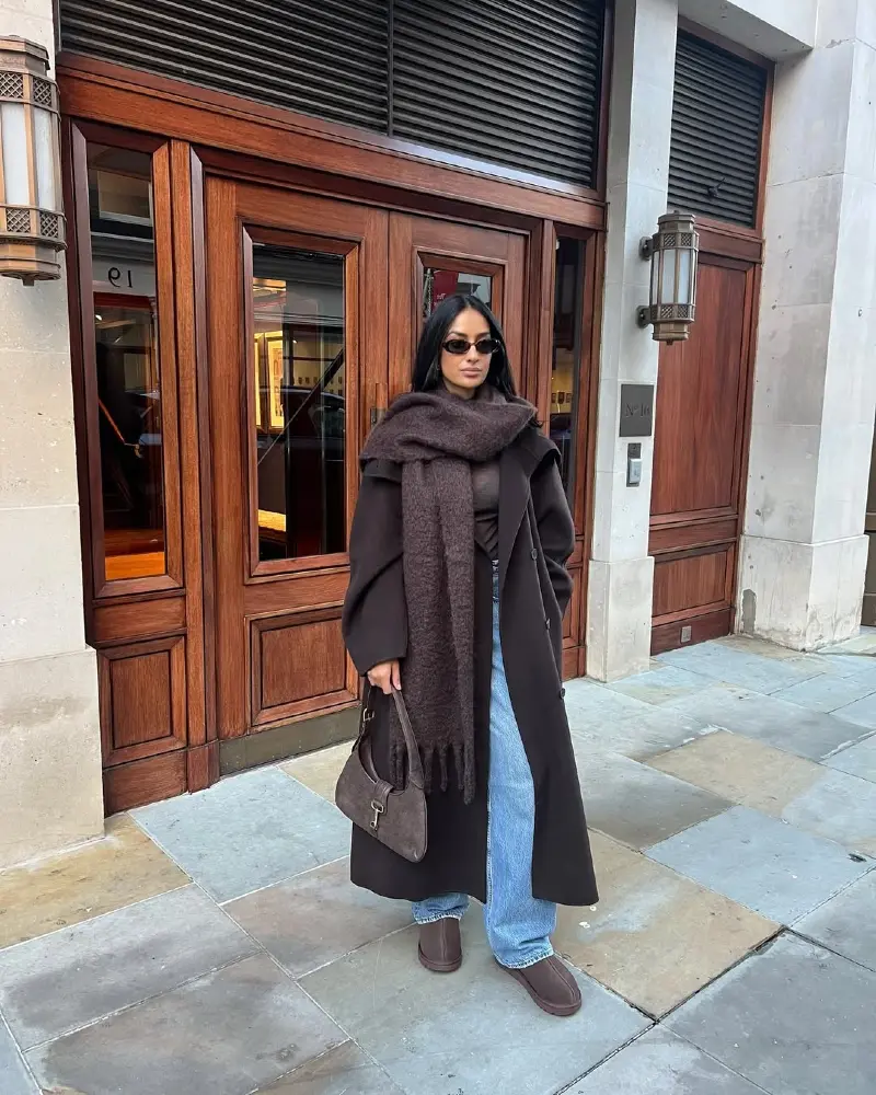 Dark Espresso Wool Coat, Chunky Brown Scarf, and UGG Boots