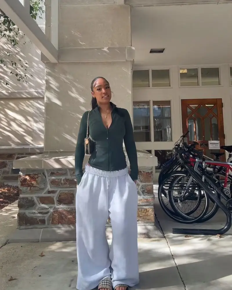 Dark Green Zip-Up and Wide White Pants Is the Unexpected Pairing That Just Works