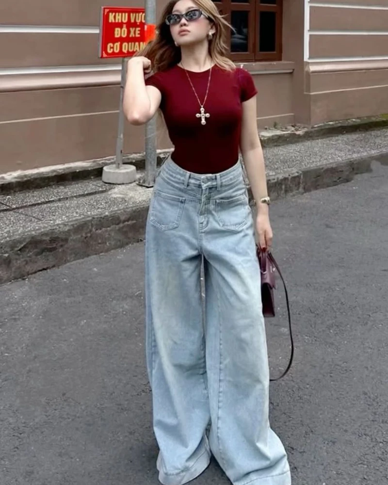  Dark Red Fitted Crop Tee with Super Wide-Leg Light Wash Jeans and Burgundy Heels